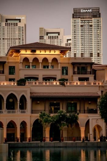 Dubai waterfront architecture at golden hour